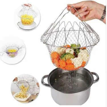 Deep Fry Basket Stainless Steel Multi-function Foldable Chef Cooking Basket Flexible Kitchen Tool for Fried Food Washing Fruits Vegetables null