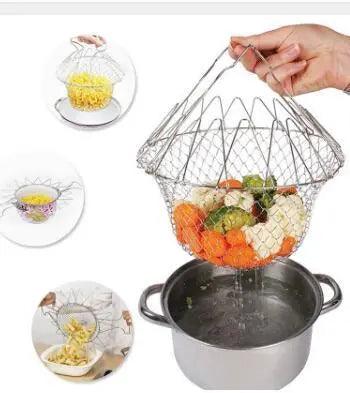 Deep Fry Basket Stainless Steel Multi-function Foldable Chef Cooking Basket Flexible Kitchen Tool for Fried Food Washing Fruits Vegetables null