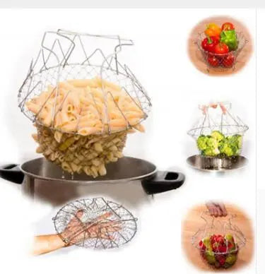 Deep Fry Basket Stainless Steel Multi-function Foldable Chef Cooking Basket Flexible Kitchen Tool for Fried Food Washing Fruits Vegetables null