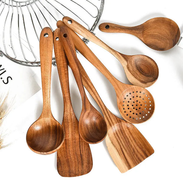 Teak Natural Wood Tableware Spoon Ladle Turner Rice Colander Soup Skimmer Cooking Tool Sets Spoon Scoop Kitchen Tools Gadgets null