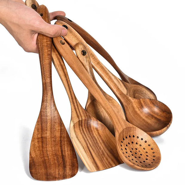 Teak Natural Wood Tableware Spoon Ladle Turner Rice Colander Soup Skimmer Cooking Tool Sets Spoon Scoop Kitchen Tools Gadgets null